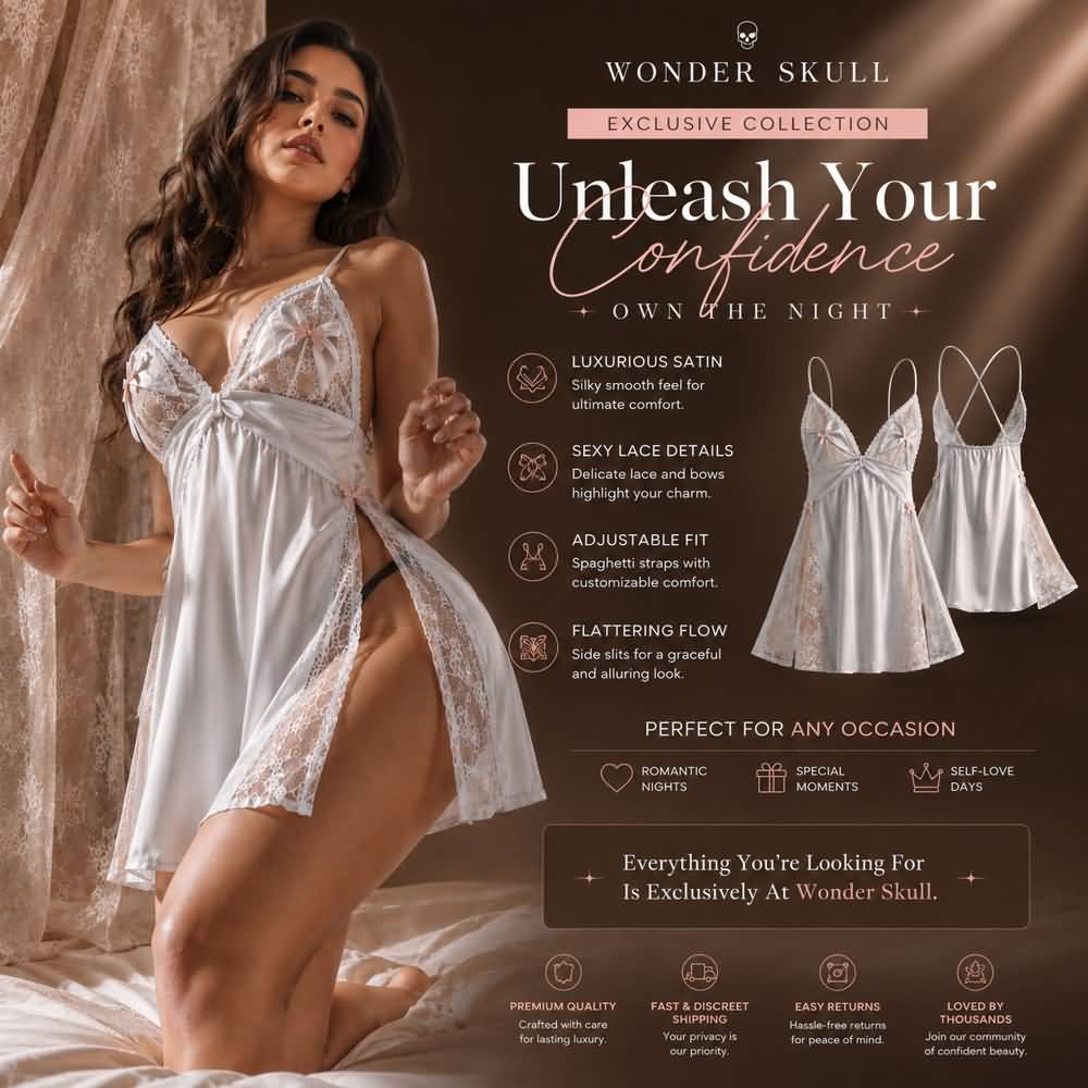Wonder Skull White Lace Chemise is made from buttery-soft satin that feels amazing against your skin. Lace side panels provide cool airflow for all-night comfort, and the adjustable criss-cross back stays securely in place. A low open back adds a flirty detail, while the flattering A-line silhouette creates a beautiful shape. Sweet pink satin bows add a touch of romantic charm.