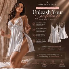 Wonder Skull White Lace Chemise is made from buttery-soft satin that feels amazing against your skin. Lace side panels provide cool airflow for all-night comfort, and the adjustable criss-cross back stays securely in place. A low open back adds a flirty detail, while the flattering A-line silhouette creates a beautiful shape. Sweet pink satin bows add a touch of romantic charm.