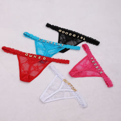 Wonder Skull Women's Lace Lingerie Thong, Custom Crystal Name Letter Sexy Undergarment Panty Nightwear ( FREE CUSTOM COST )