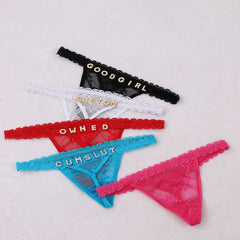 Wonder Skull Women's Lace Lingerie Thong, Custom Crystal Name Letter Sexy Undergarment Panty Nightwear ( FREE CUSTOM COST )