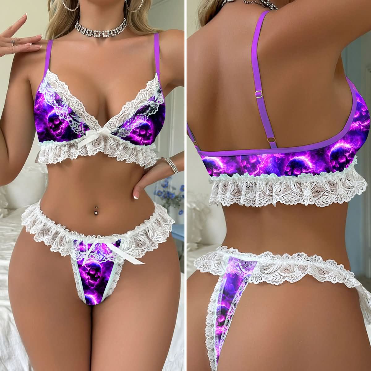 Women's Lingerie, Lace Bra Panty Set Ruffle Sleepwear Wonder Skull Women's Lingerie, Lace Bra Panty Set Ruffle Sleepwear Wonder Skull
