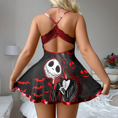Wonder Skull Women's Red Lace Nightgown is an elegant and alluring lingerie piece with 'Nightmare-themed' prints. Made from soft red lace, it features a strappy back and contrast trims for added seduction. Perfect for special occasions, it offers comfort and a touch of mystery, making the wearer feel confident and captivating.