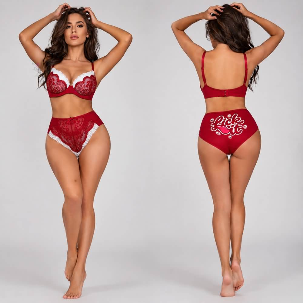 Wonder Skull Red Lace Lingerie Set provides confident support with playful details. Padded underwire cups lift and shape without digging, and the soft floral lace feels gentle on your skin. White lace ruffles add a romantic contrast. The high-waisted panty smooths and flatters, featuring full lace coverage in front and a cheeky, skull-accented graphic print on the back. Adjustable straps and a secure hook closure ensure a comfortable, customized fit.