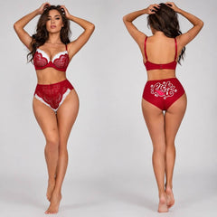 Wonder Skull Red Lace Lingerie Set provides confident support with playful details. Padded underwire cups lift and shape without digging, and the soft floral lace feels gentle on your skin. White lace ruffles add a romantic contrast. The high-waisted panty smooths and flatters, featuring full lace coverage in front and a cheeky, skull-accented graphic print on the back. Adjustable straps and a secure hook closure ensure a comfortable, customized fit.