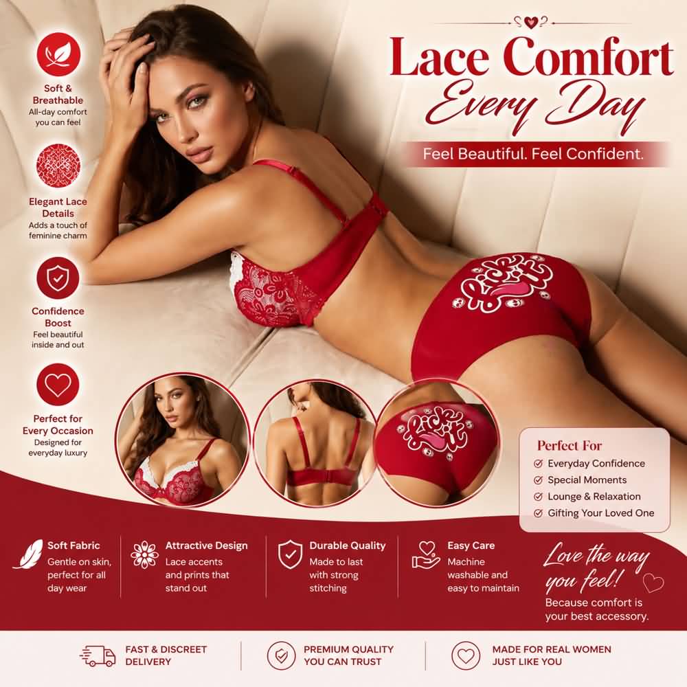 Wonder Skull Red Lace Lingerie Set provides confident support with playful details. Padded underwire cups lift and shape without digging, and the soft floral lace feels gentle on your skin. White lace ruffles add a romantic contrast. The high-waisted panty smooths and flatters, featuring full lace coverage in front and a cheeky, skull-accented graphic print on the back. Adjustable straps and a secure hook closure ensure a comfortable, customized fit.