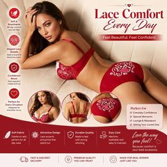 Wonder Skull Red Lace Lingerie Set provides confident support with playful details. Padded underwire cups lift and shape without digging, and the soft floral lace feels gentle on your skin. White lace ruffles add a romantic contrast. The high-waisted panty smooths and flatters, featuring full lace coverage in front and a cheeky, skull-accented graphic print on the back. Adjustable straps and a secure hook closure ensure a comfortable, customized fit.