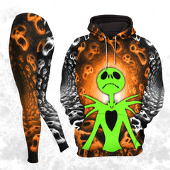 Women Hoodie and Leggings, Orange Haunted Skeleton Outwear Pants Outfit