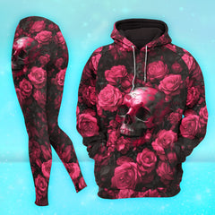 Women Hoodie and Leggings, Pink Skull Rose Artwork Outwear Pants Outfit
