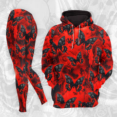 Women Hoodie and Leggings, Red Butterfly Skull Grunge Outwear Pants Outfit