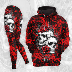 Women Hoodie and Leggings, Red Skull Floral Rose Outwear Pants Outfit