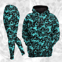 Women Hoodie and Leggings, Cyan Skull Pattern Outwear Pants Outfit