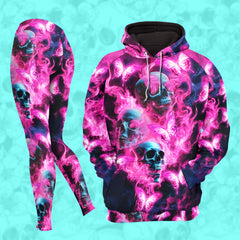 Women Hoodie and Leggings, Pink Skull Flaming Outwear Pants Outfit