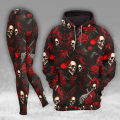 Women Hoodie and Leggings, Red Crimson Curse Skull Outwear Pants Outfit