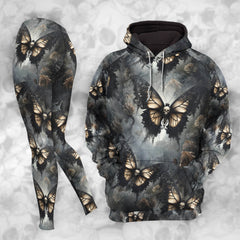 Women Hoodie and Leggings, Tan Butterfly Skull Gothic Outwear Pants Outfit
