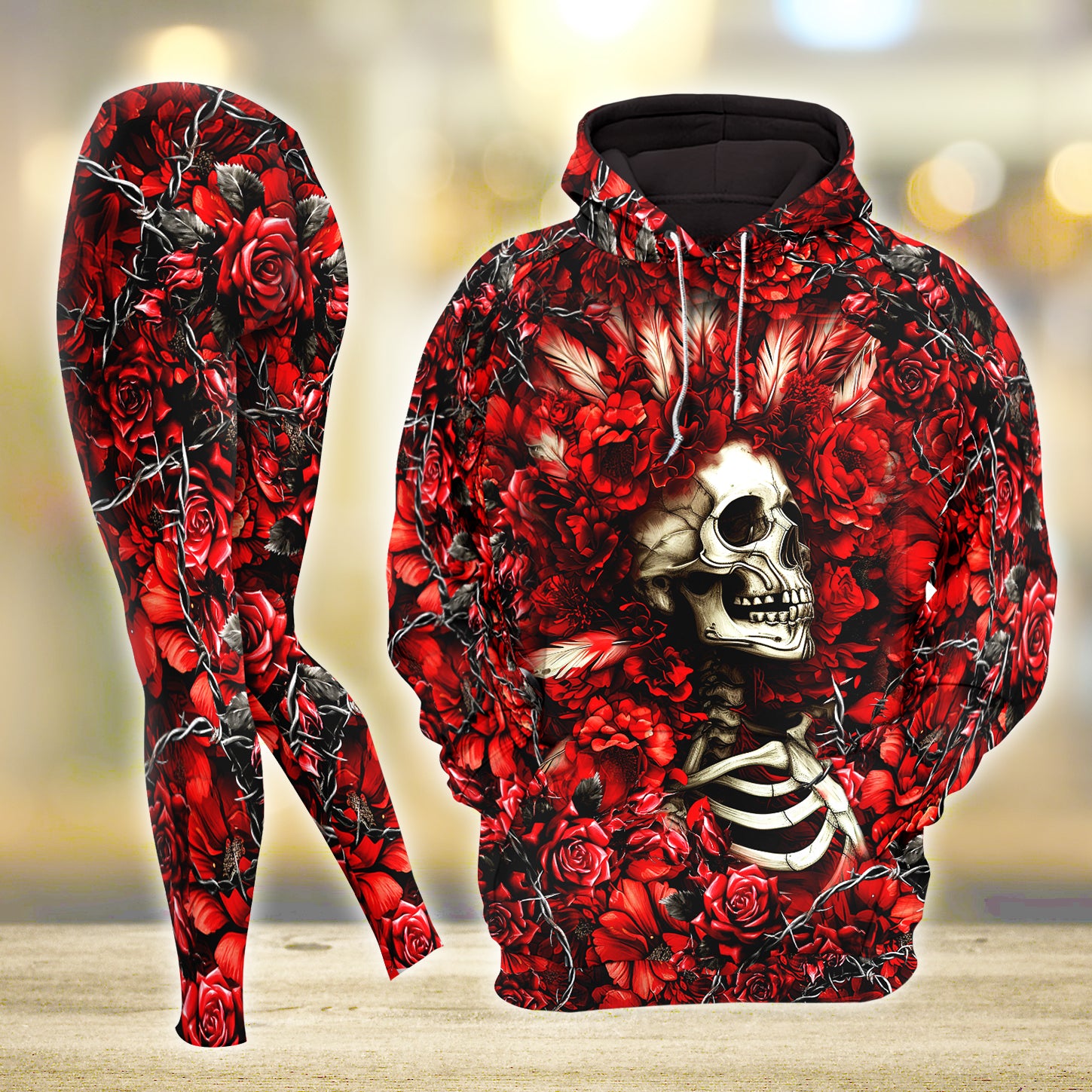 Women Hoodie and Leggings, Red Skull Rose Thorn Outwear Pants Outfit