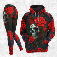 Women Hoodie and Leggings, Red Skull Rose Queen Outwear Pants Outfit