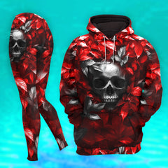 Women Hoodie and Leggings, Red Leaf Skull Grunge Outwear Pants Outfit