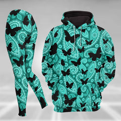 Women Hoodie and Leggings, Cyan Pattern Butterfly Outwear Pants Outfit