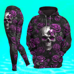 Women Hoodie and Leggings, Violet Scary Skull Rose Outwear Pants Outfit