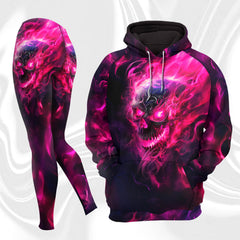 Women Hoodie and Leggings, Pink Skull Flaming Art Outwear Pants Outfit