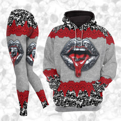 Women Hoodie and Leggings, Metal Red Skull Lip Outwear Pants Outfit
