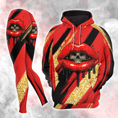 Women Hoodie and Leggings, Red Glitter Skull Lip Outwear Pants Outfit