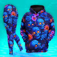 Women Hoodie and Leggings, Blue Skull Pattern Outwear Pants Outfit