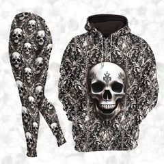 Women Hoodie and Leggings, Skull filigree Pattern Outwear Pants Outfit