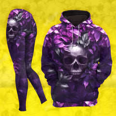 Women Hoodie and Leggings, Purple Skull Leaf Art Outwear Pants Outfit