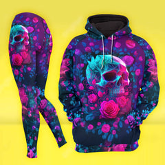 Women Hoodie and Leggings, Neon Crystal Skull Rose Outwear Pants Outfit