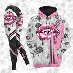 Women Hoodie and Leggings, Pink Skull Lip Melt Lip Outwear Pants Outfit