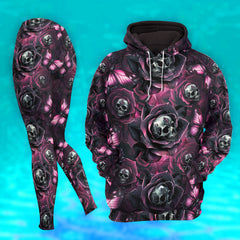 Women Hoodie and Leggings, Neon Purple Skull Rose Outwear Pants Outfit