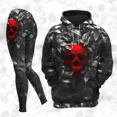 Women Hoodie and Leggings, Red Skull Leaf Art Outwear Pants Outfit