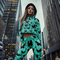 Women Hoodie and Leggings, Cyan Pattern Butterfly Outwear Pants Outfit