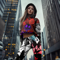 Women Hoodie and Leggings, Dark Rose Neon Figure Outwear Pants Outfit