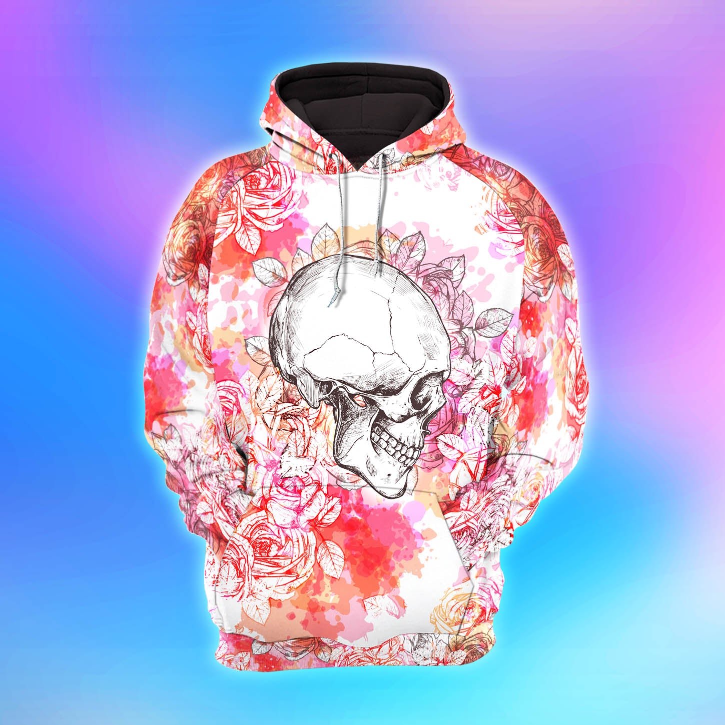 Pink Watercolor Skull Rose Combo Hoodie and Leggings - Dark and edgy matching set with skull designs for a unique and stylish look