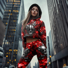 Women Hoodie and Leggings, Red Leaf Skull Grunge Outwear Pants Outfit