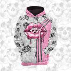 Women Hoodie and Leggings, Pink Skull Lip Melt Lip Outwear Pants Outfit