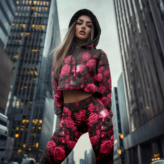 Women Hoodie and Leggings, Pink Skull Rose Artwork Outwear Pants Outfit