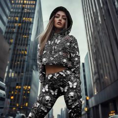 Women Hoodie and Leggings, Ashen Bloom Skull Pattern Outwear Pants Outfit
