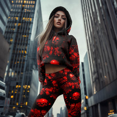 Women Hoodie and Leggings, Red Skull Grunge Outwear Pants Outfit