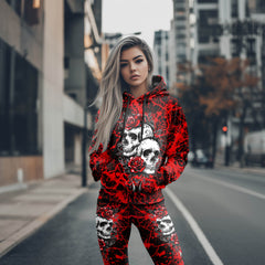 Women Hoodie and Leggings, Red Skull Floral Rose Outwear Pants Outfit