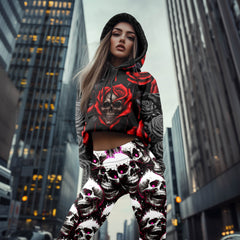 Women Hoodie and Leggings, Gothic Bleeding Rose Skull Outwear Pants Outfit