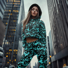 Women Hoodie and Leggings, Cyan Skull Pattern Outwear Pants Outfit