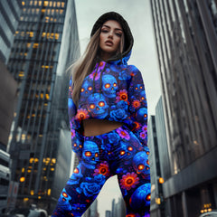 Women Hoodie and Leggings, Blue Skull Pattern Outwear Pants Outfit