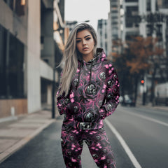 Women Hoodie and Leggings, Neon Purple Skull Rose Outwear Pants Outfit