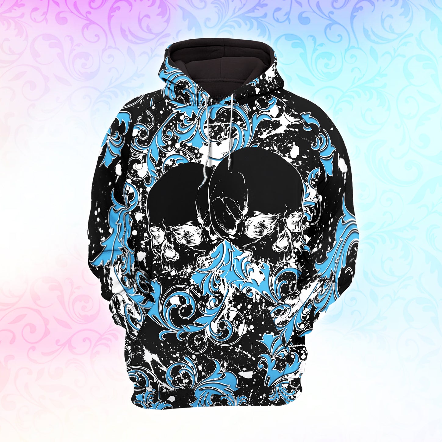 Blue Floral Skull Dark Combo Hoodie and Leggings - Dark and edgy matching set with skull designs for a unique and stylish look