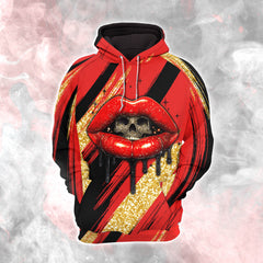 Women Hoodie and Leggings, Red Glitter Skull Lip Outwear Pants Outfit