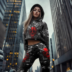 Women Hoodie and Leggings, Red Skull Leaf Art Outwear Pants Outfit