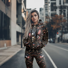 Women Hoodie and Leggings, Rebel Eagle Patriotic Crest Outwear Pants Outfit